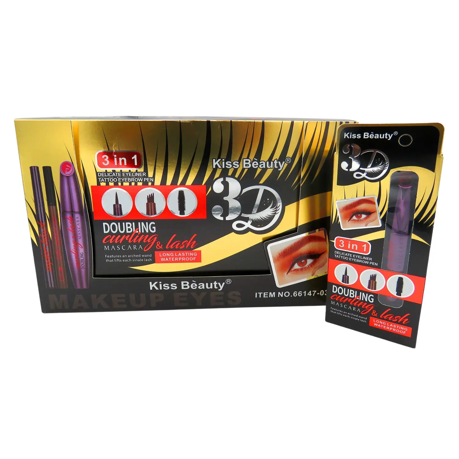 66147-03 Kiss Beauty Eyeliner+ Tattoo Pen+ Mascara 3 In1